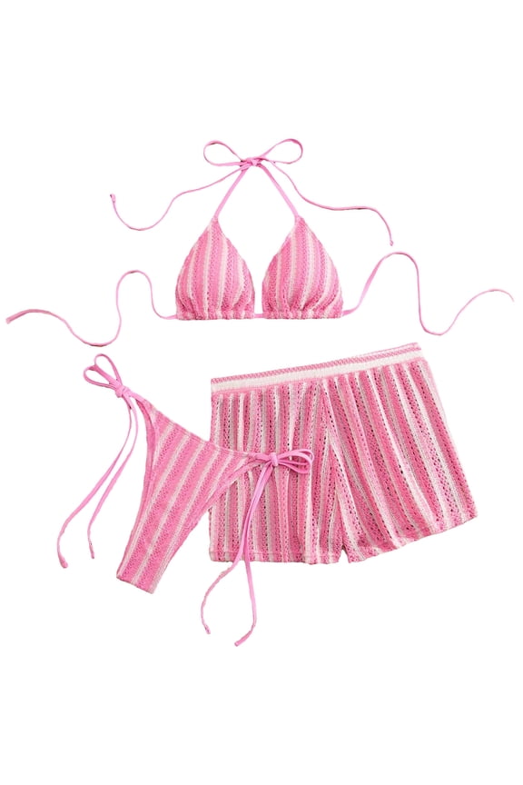 3 Piece Striped Color Block Beach Bikini Swimsuits for Women, String Triangle Bikini Bathing Suits with Shorts Pink