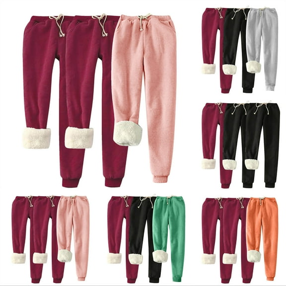 FRSASU 3PC Sweatpants for Women Loose Fit Home Wear Fleece Lined Sweatpant Drawstring Elastic High Waisted Solid Color Trouser