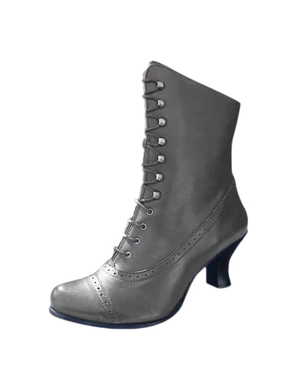 Ankle Boots for Women,Women's Lace-Up Ankle Boots,Women Vintage Victorian Lace up Booties Wedding Bridal Witch Costume Mid Heel up Cone Side Zip Almond Toe Shoes with Zipper On
