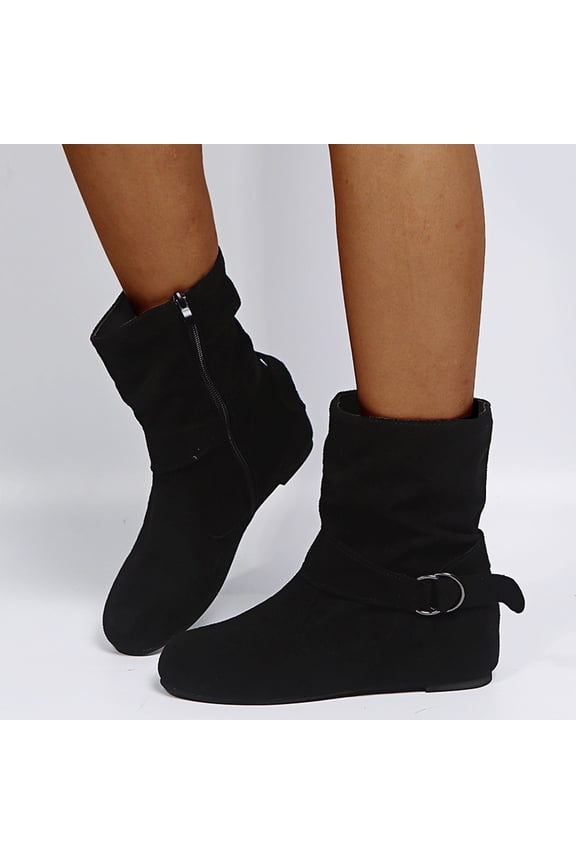 Ankle Boots Women: belt buckle Fall winter Boots for Women suede zipper round toe short boots Black