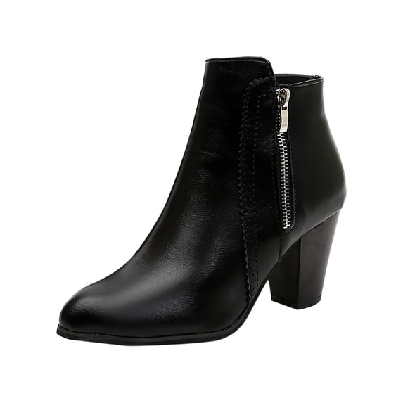 FRSASU Ankle Boots for Women Low Heel Pointed Toe Arch Support Boots Side Zipper Vintage Faux Leather Flat Heel Casual Booties Black