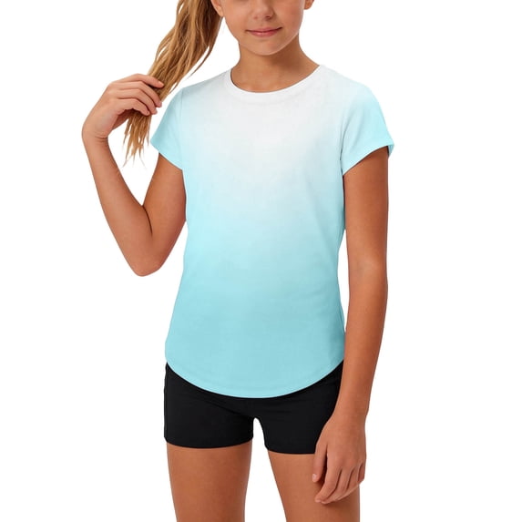 FRSASU Athletic Shirts for Girls Short Sleeve Active Sports T-Shirts Crewneck Quick Dry Gym Workout Summer Tee Light Blue