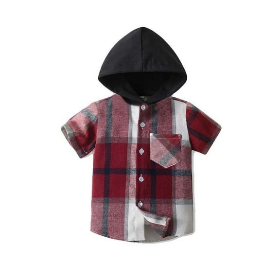 FRSASU Baby Boy Clothes Children's Hooded Single-breasted Plaid Short-sleeved Shirts Versatile Boys and Girls Tops Red 12 Months