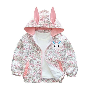 FRSASU Baby Girls Hooded Jacket Floral Pattern Coat Rabbit Style Windbreaker for Spring/Autumn Baby Clothing Clearance