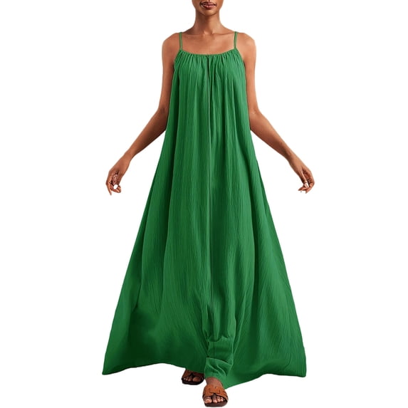 FRSASU Backless Cami Dresses for Women Sleeveless Solid Color Lounge Dress Spaghetti Strap Flowy Summer Loose Maxi Sundress Green