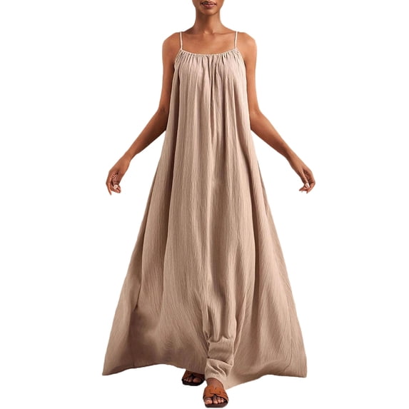 FRSASU Backless Cami Dresses for Women Sleeveless Solid Color Lounge Dress Spaghetti Strap Flowy Summer Loose Maxi Sundress Khaki