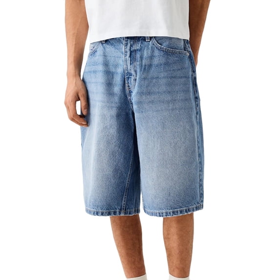 FRSASU Baggy Jeans Shorts for Men Casual Loose Fit Wide Leg Denim Jorts Vintage Hip Hop Skateboard Long Jorts Male Streetwear Blue
