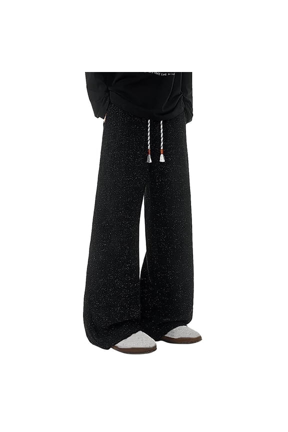 Baggy Jeans for Men Drawstring Elastic Waist Loose Fit Y2K Denim Pants with Pockets Twill Knit Wide Leg Jeans Black