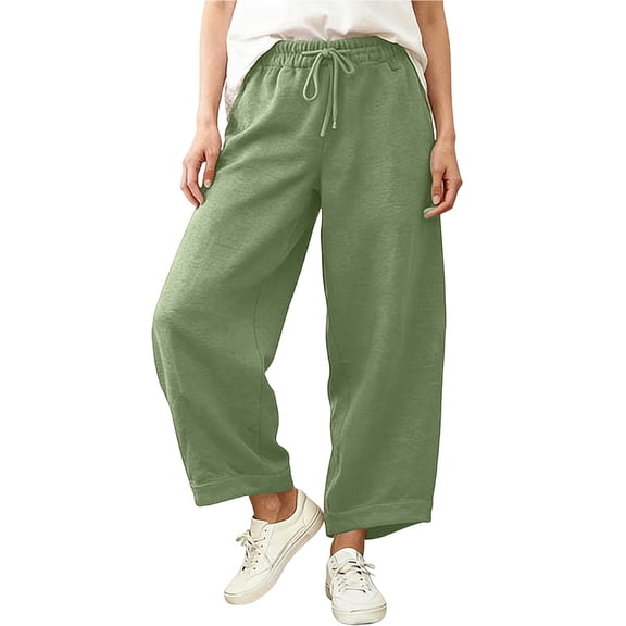 FRSASU Barrel Sweatpants Women Cropped Wide Leg Pants High Waisted Drawstring Casual Pants with Pockets Army Green