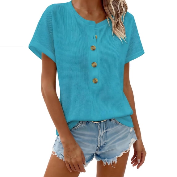 FRSASU Batwing Sleeve T-shirts for Women Crew Neck Short Sleeve Buttons Tops Tee Basic Summer Loose Fit Tunic Blouse Blue