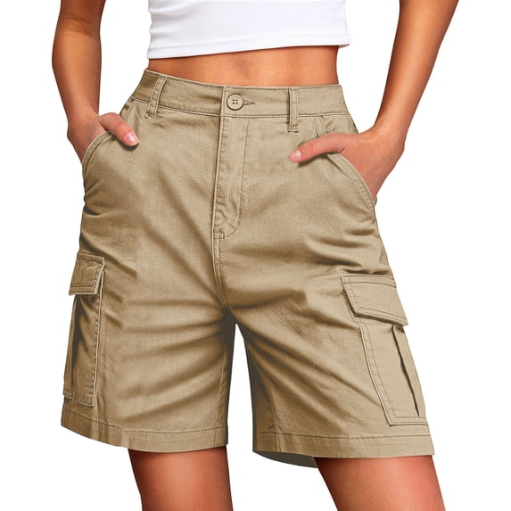 FRSASU Bermuda Cargo Denim Shorts for Women Summer Casual Knee Length Elastic Waist Long Jorts with Multi Pockets Khaki-A