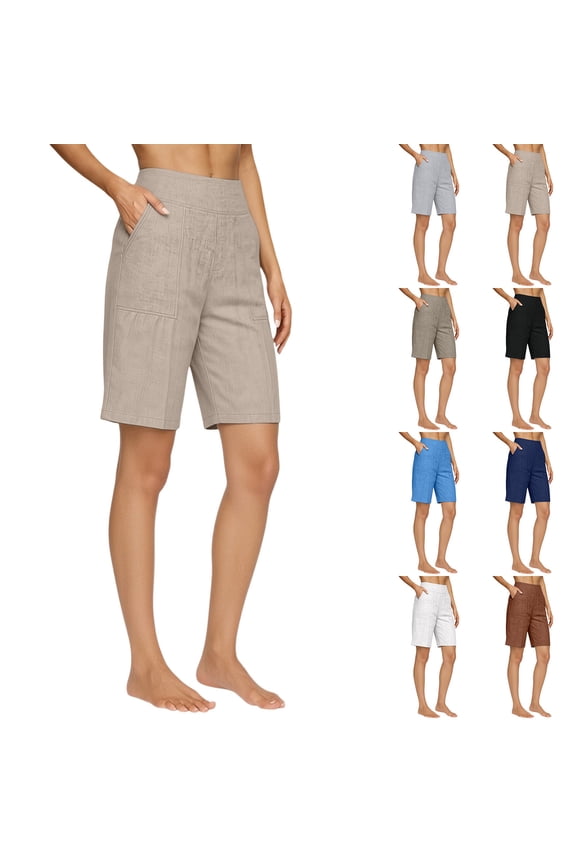 Bermuda Shorts for Women Pull On High Waist Knee Length Summer Casual Cotton Linen Shorts with Pockets White