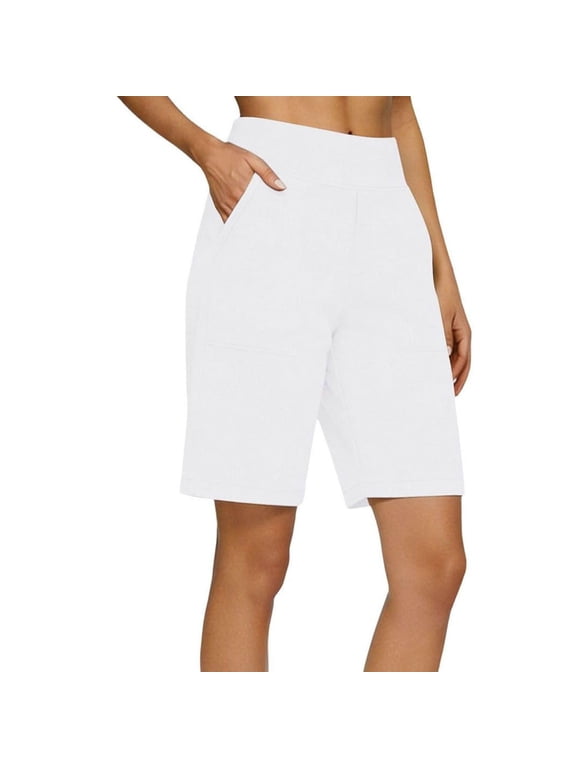 Bermuda Shorts for Women Pull On High Waist Knee Length Summer Casual Cotton Linen Shorts with Pockets White