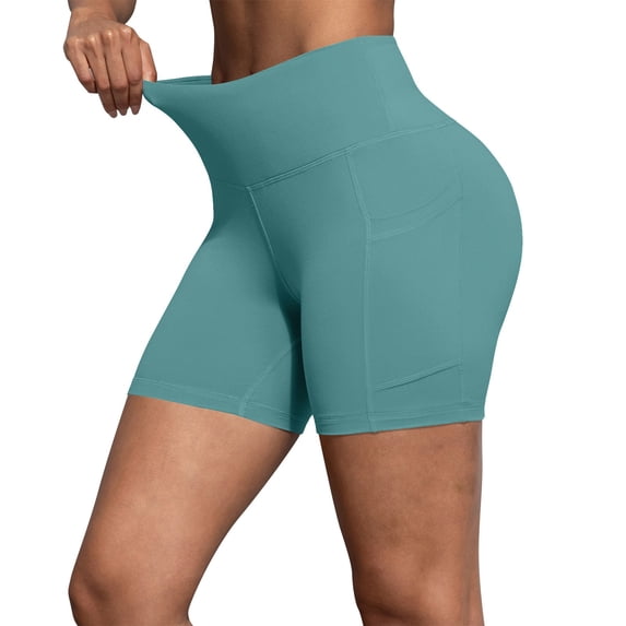 FRSASU Biker Shorts Women High Waisted Yoga Workout Gym Spandex Tummy Control Shorts with Pockets Blue