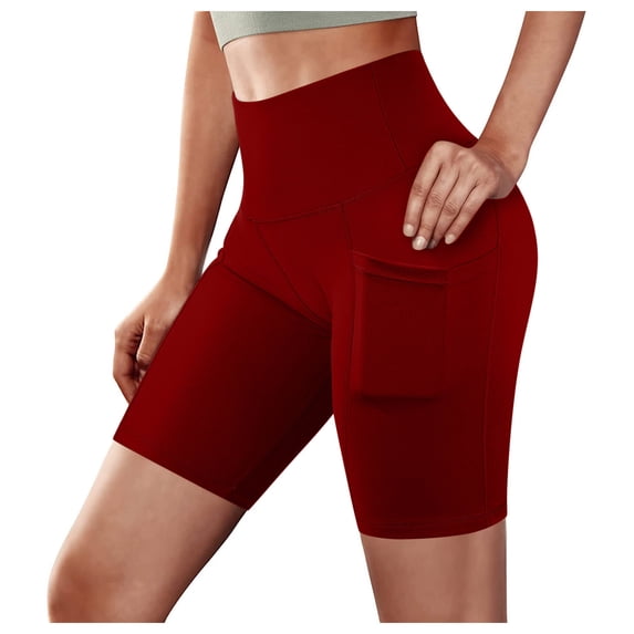 FRSASU Biker Shorts Women High Waisted Yoga Workout Gym Spandex Tummy Control Shorts with Pockets Red