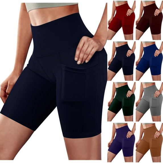 FRSASU Biker Shorts Women High Waisted Yoga Workout Gym Spandex Tummy Control Shorts with Pockets Wine