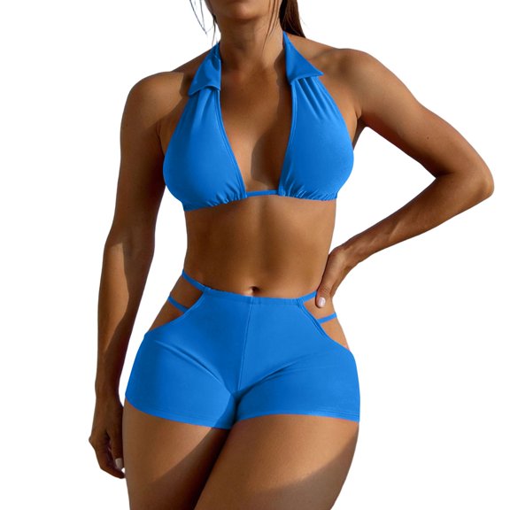 FRSASU Bikini Sets for Women Deep V Neck Halter Triangle String Bikini High Waisted Shorts Swimsuits 2 Piece Blue