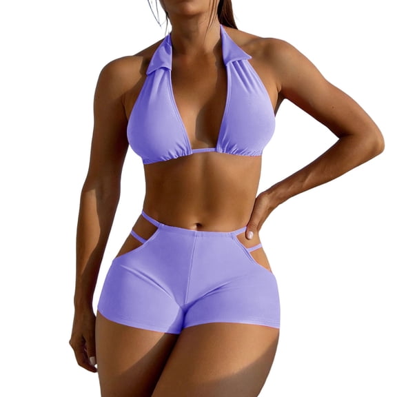 FRSASU Bikini Sets for Women Deep V Neck Halter Triangle String Bikini High Waisted Shorts Swimsuits 2 Piece Purple