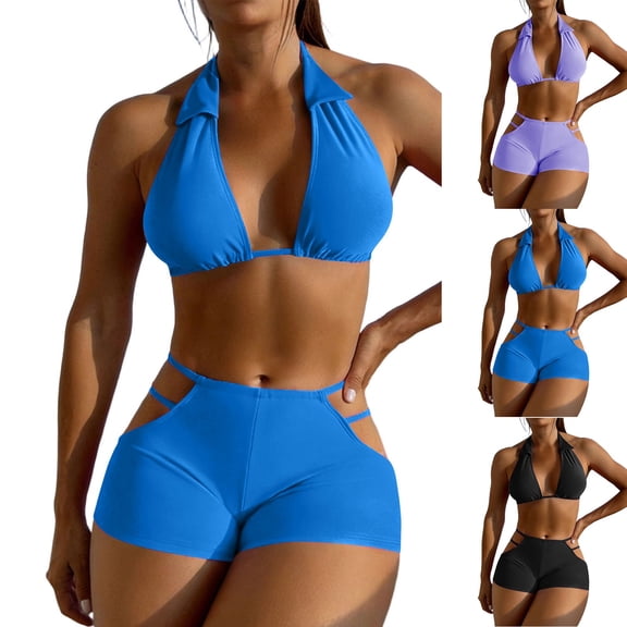 FRSASU Bikini Sets for Women Deep V Neck Halter Triangle String Bikini High Waisted Shorts Swimsuits 2 Piece Purple