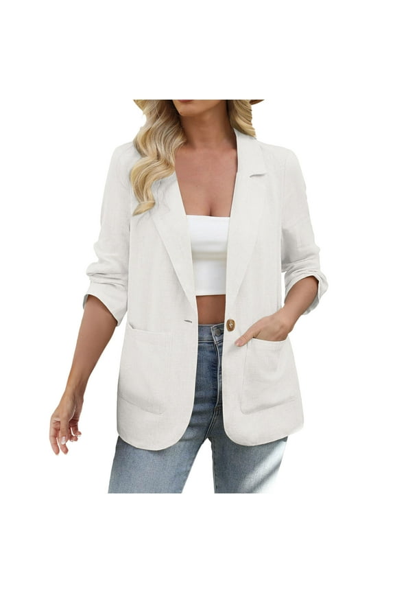 Blazers for Women Solor Color Business Casual Lightweight Cardigan Lapel Long Sleeve Suit Jacket with Pockets White L(L)
