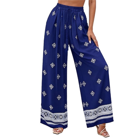 FRSASU Boho Wide Leg Linen Pants for Women Casual Summer Palazzo Loose Beach Vacation Pants with Pockets Blue