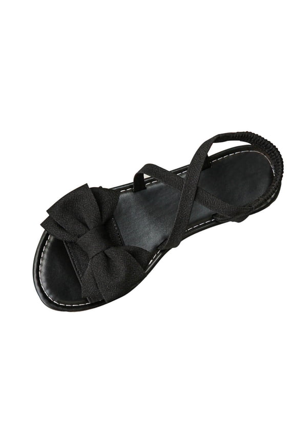 Bow Flat Sandals for Women Comfortable Lightweight Sole Beach Outdoor Spring Summer Slip-On Sandals Black