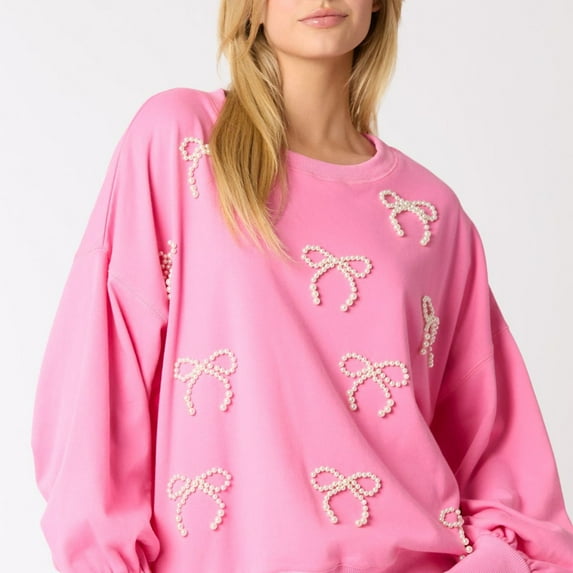 FRSASU Bow Trim Print Hoodless Bow Pearl Print Sweatshirt Round Neck Pullover Casual Loose Top Pink M(M)