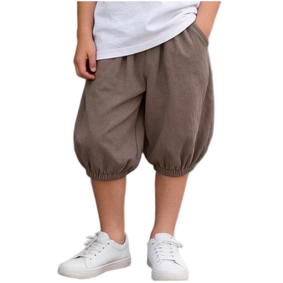 FRSASU Boys Baggy Knee Length Capris Harem Pants Summer Casual Elastic Waist Loose Travel Pants Coffee