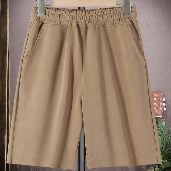 FRSASU Boys Bermuda Shorts Knee Length Straight Leg Athletic Shorts Kids Elastic Waist Summer Casual Shorts Coffee