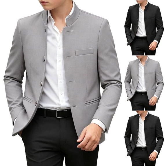 FRSASU Boys Blazer Suit Jacket formal Slim Fit Stand Mandarin Collar Lightweight Lined Wedding Casual Jacket Gray