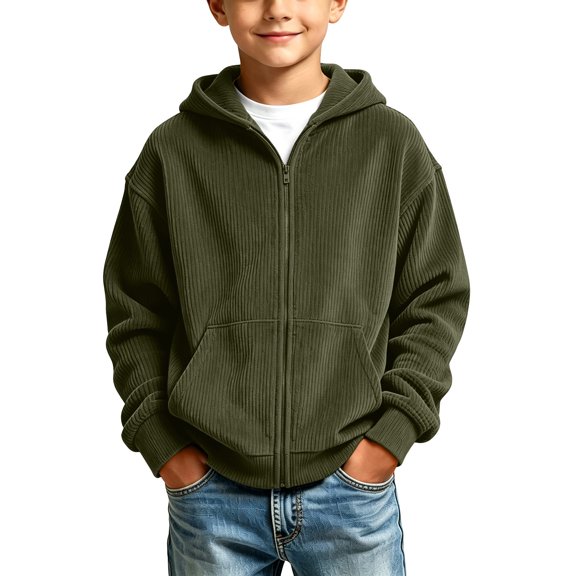 FRSASU Boys Corduroy Full Zip Hoodie Jacket, Kids Long Sleeve Casual Hooded Coat with Kangaroo Pocket for Fall Winter Army Green-A