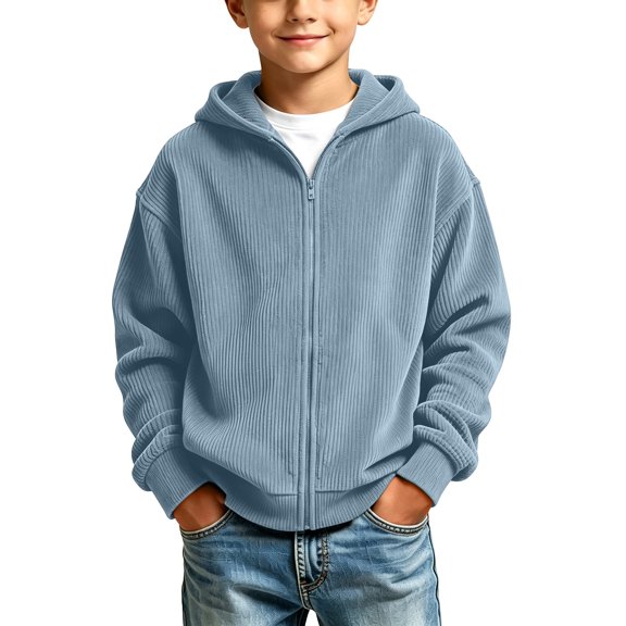 FRSASU Boys Corduroy Full Zip Hoodie Jacket, Kids Long Sleeve Casual Hooded Coat with Kangaroo Pocket for Fall Winter Blue-C