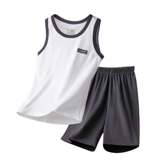 FRSASU Boys Sleeve Tank Top and Shorts Set 2 Piece Sports Athletic School Outfits Summer Casual Breathable Youth Clothes Set White