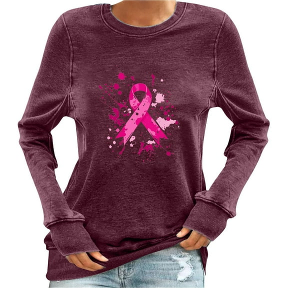FRSASU Breast Cancer Shirts for Women Round Neck Ribbon Graphic Fight Awareness Casual Loose Fit Long Sleeve Tops Wine S(S)