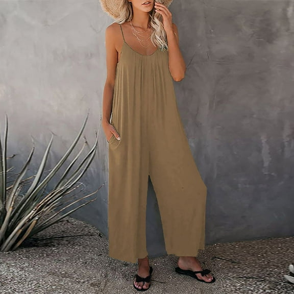 FRSASU Buauty Jumpsuits for Women Casual V Neck Sleeveless Baggy Overalls Strap Jumpers with Pockets Summer Romper Clothes