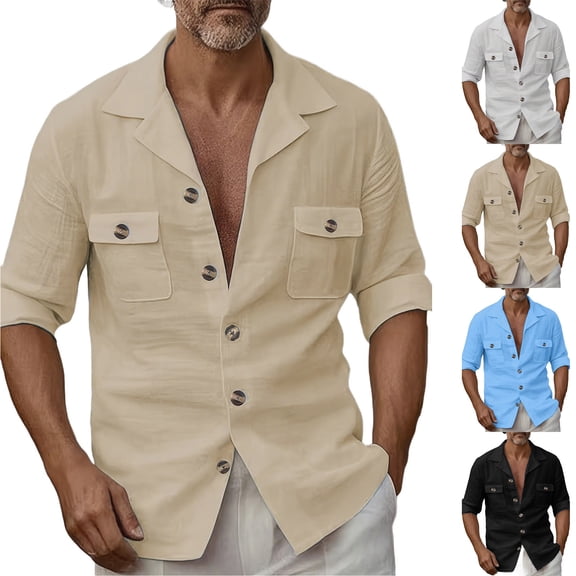 FRSASU Button Down Linen Lapel Shirts for Men Casual Long Sleeve Regular Fit Beach Shirts with Pocket White