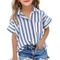 thumbnail image 1 of FRSASU Button Down Shirt Girls Cotton Short Sleeve Blouses Collared Casual Summer Beach Striped Short Sleeve Tops Blue-A, 1 of 7
