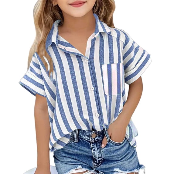 FRSASU Button Down Shirt Girls Cotton Short Sleeve Blouses Collared Casual Summer Beach Striped Short Sleeve Tops Blue-A