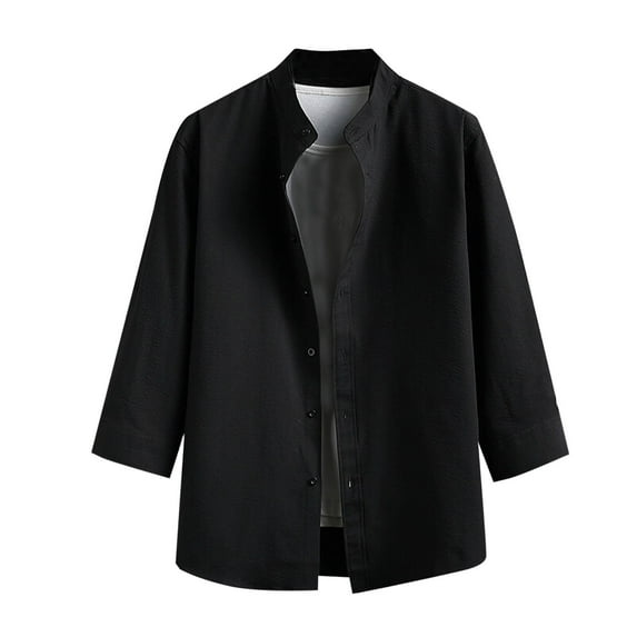 FRSASU Button Down Shirt for Men 3/4 Sleeve Casual Tops Solid Color Pocket Stand-up Collar Blouse Shirt Black L