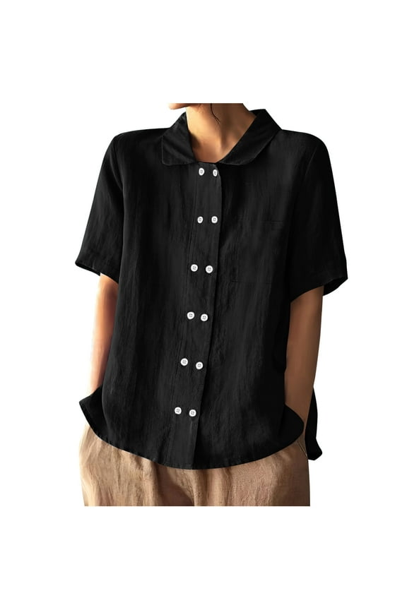 Button Down Shirts Women's Cotton Linen Tops Fashion Double Breasted Open Collar Short Sleeved Top Black L(L)