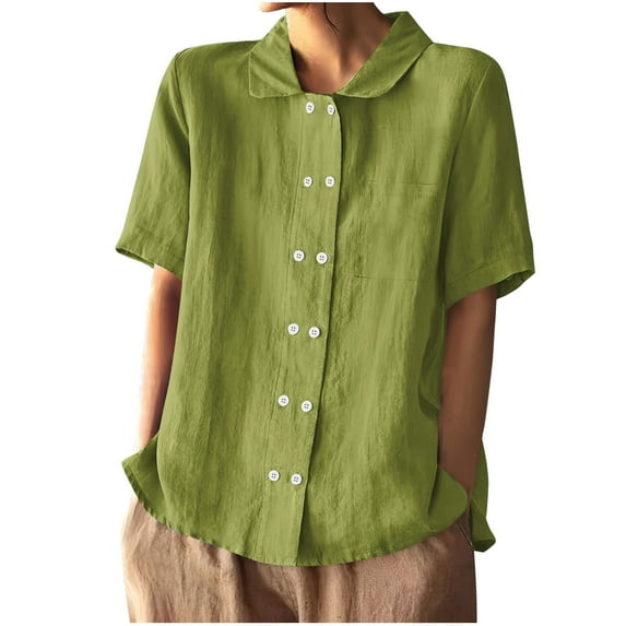 FRSASU Button Down Shirts Women's Cotton Linen Tops Fashion Double Breasted Open Collar Short Sleeved Top Green XL(XL)