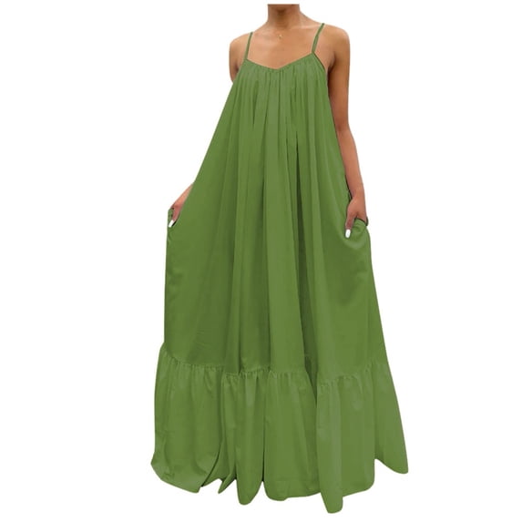 FRSASU Canbebig Summer Dresses for Women Spaghetti Strap Casual Babydoll Tiered Ruffle Flowy Boho Beach Sundress Green