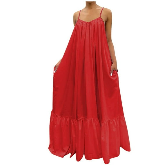 FRSASU Canbebig Summer Dresses for Women Spaghetti Strap Casual Babydoll Tiered Ruffle Flowy Boho Beach Sundress Red