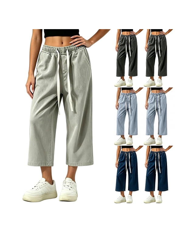 Capri Jeans for Women Drawstring Wide Leg Capri Pants Stretchy Cropped Denim Pants Elastic Waist Straight-Leg Jeans Yellow