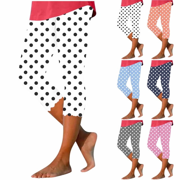 FRSASU Capri Pants for Women Dot Graphic Casual Summer Loose High Waist Wide Leg Yoga Pant Slim Lounge Wear White-A