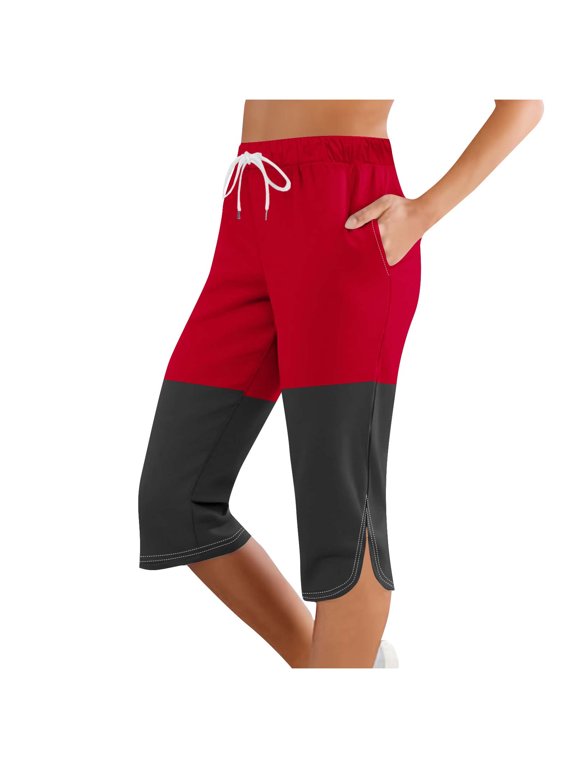 Capri Pants for Women Summer Color Block Casual Elastic Waist Drawstring Split Stretchy Yoga Leggings Cparis with Pockets Red