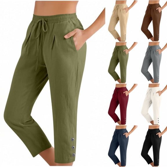FRSASU Capris Pants for Women Cotton Linen Casual Summer Straight Wide Leg Loose Drawstring Elastic Waist Cropped Trouser White