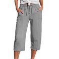 thumbnail image 1 of FRSASU Capris Pants for Women Summer Cotton Linen Solid Casual Straight Wide Leg Loose Drawstring Elastic Waist Fashion Cropped Pants Gray, 1 of 5