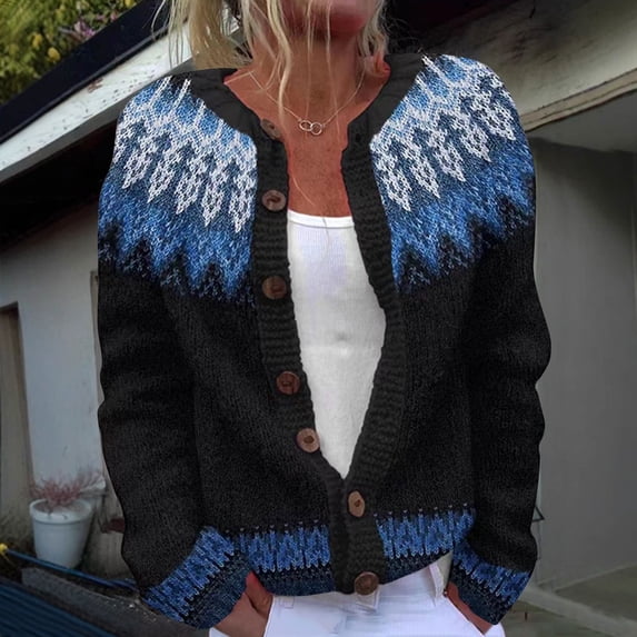 FRSASU Cardigan Ethnic Style Jacquard Sweaters for Women Lightweight Button Up Cardigans Fall Knit Sweater Tops Blue