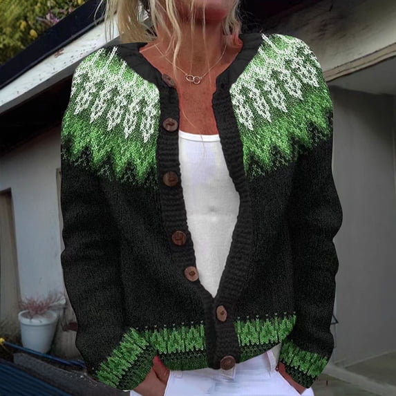 FRSASU Cardigan Ethnic Style Jacquard Sweaters for Women Lightweight Button Up Cardigans Fall Knit Sweater Tops Green